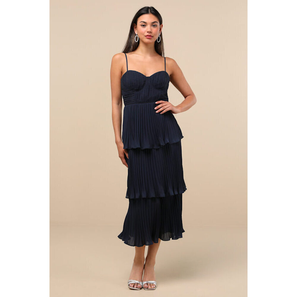 Lulus Cascading Crush Navy Blue Tiered Bustier Midi Dress - Size XL